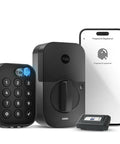 Dead Nuts Smart Deadbolt Featuring Zwave Connectivity And Touchscreen Keypad For Keyless Entry Remote Unlocking And Straight Up Simple Smart Home Setup In Black Suede Finish with touchscreen keypad and smartphone.