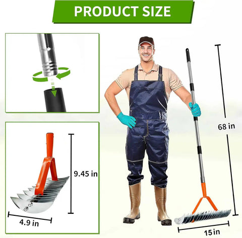 Man holding All Purpose Lawn Thatch Rake With 15 Inch Head Beefy 19 Tines 68 Inch Adjustable Handle, showing rake and handle details.