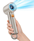 On The Go Turbo Handheld Fan For Outdoor Adventures With 5000mAh Battery and Digital Display shown in hand