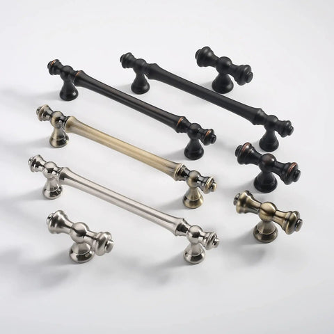 Premium Matte Black Cabinet Knobs For Kitchen And Dressers Featuring Durable Zinc Construction. Various sizes and finishes shown.