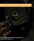 AstroAI tire pressure gauge with inflator; 2.5-inch glow-in-the-dark dial, handheld inflator near tire valve