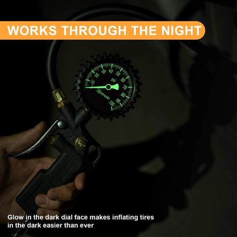 AstroAI tire pressure gauge with inflator; 2.5-inch glow-in-the-dark dial, handheld inflator near tire valve
