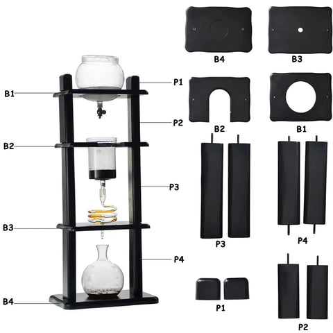 Premium Top Shelf Iced Coffee Cold Brew Drip Coffee Maker With Wood And Glass Dripper on display with labeled components.