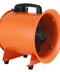 Built Different 12 Inch Industrial Blower Fan Featuring 3300 Rpm AC Motor With 520 Watt Power side view, orange color, heavy-duty design.