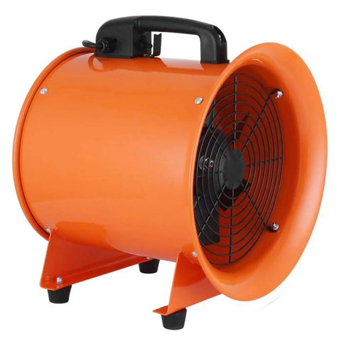 Built Different 12 Inch Industrial Blower Fan Featuring 3300 Rpm AC Motor With 520 Watt Power side view, orange color, heavy-duty design.