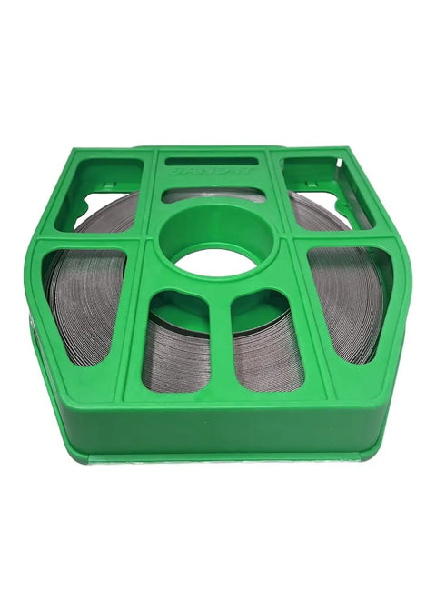 Five-Eighth Inch Wide Stainless Steel Band With Easy Scale Imprint, 0.030 Inch Thick, in green tote, metal roll.