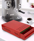 Premium Red Coffee Knock Box For Espresso Grounds With Cushioned Rubber Rod And Antislip Base To Keep Your Bar Setup Slick And Mess Free While You Drop Those Daily Puck Shots Cleanly Every Time.