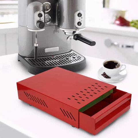 Premium Red Coffee Knock Box For Espresso Grounds With Cushioned Rubber Rod And Antislip Base To Keep Your Bar Setup Slick And Mess Free While You Drop Those Daily Puck Shots Cleanly Every Time.