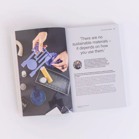 Open book with hands holding sustainable materials, text on page, Sustainable Materials For Product Design A Practical No Nonsense Guide For CMF Designers With Eco Friendly Material Choices Clear Structure And Visually Rich Guidance To Create Green Dope Products.
