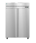 Shop Ready Heavy Duty Two Section Upright Freezer Featuring Locked Stainless Steel Doors And Rugged Construction Designed For Bustling Restaurants And Top Shelf Cold Storage Workflow - Front view of stainless steel freezer.