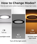 How to change modes of CHARKEE 12 Pack 6 Inch 5CCT LED Recessed Ceiling Lighting with Night Light shown with modes.