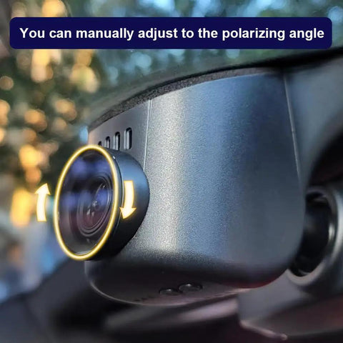 Image of a Polarizing Lens Filter for FITCAMX Dash Cams Only, Circular Polarizer securely attached with anti-glare shield and adjustable angle.