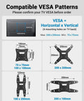Compatible VESA Patterns for Next Level Full Motion TV Wall Bracket, shows sizes from 75x75mm to 200x200mm.