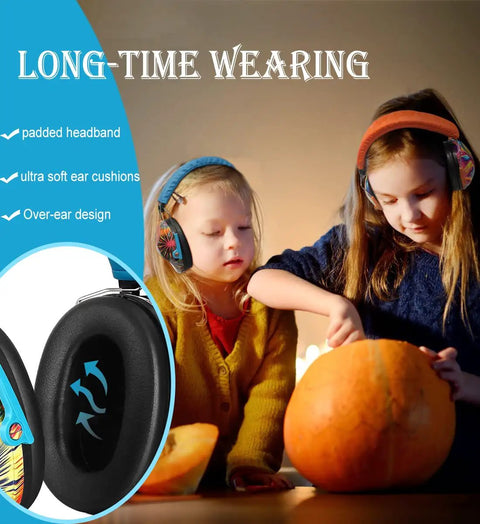 Children wearing Kids Ear Protection Earmuffs With Adjustable Headband NRR 25dB, bright orange and blue, carving pumpkins indoors.