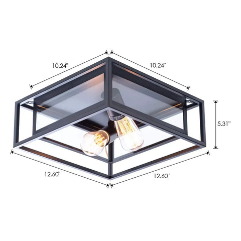 Sleek Black Flush Mount Ceiling Light Square Fixture With Glass Shade And Industrial Metal Cage Two Light Dimmable Ceiling Lamp
