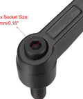 Close-up of M8 15mm adjustable clamping lever with push button ratchet, showing hex socket size 4mm, male threaded stud, matte black finish.