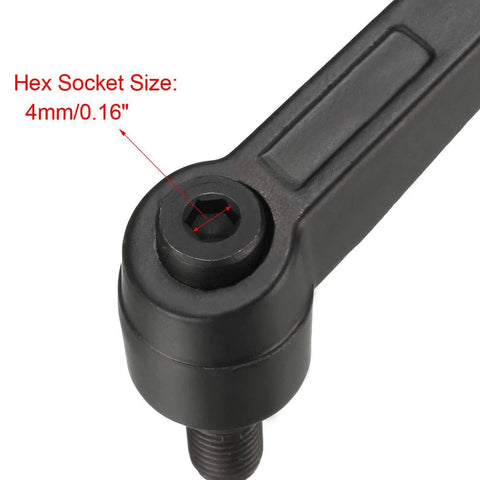 Close-up of M8 15mm adjustable clamping lever with push button ratchet, showing hex socket size 4mm, male threaded stud, matte black finish.