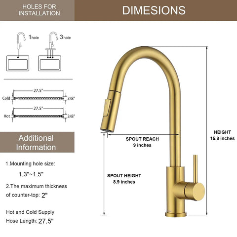 Dimensions of Top Shelf Brushed Gold Kitchen Faucet With Drip Free Pull Down Sprayer And Included Deck Plate, height 15.8 inches.