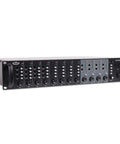 Front view of 8-Channel Rack Mount Mic And Line Mixer with 4 Zone Control, built-in monitoring speaker, 2-band EQ, and various controls.