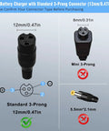 Diagram of 24V Electric Scooter Charger connector types, highlighting standard 3-prong 12mm with check mark for correct fit.