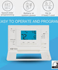Programmable Thermostat 5-2 Day Schedule With Selectable Smart Recovery For All HVAC Systems Fuss Free Setup Universal Compatibility Except Electric Baseboard Heat Graphical Air Filter Monitor And Easy Install displaying temperature and settings on blue screen