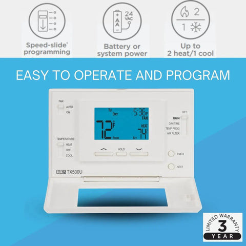 Programmable Thermostat 5-2 Day Schedule With Selectable Smart Recovery For All HVAC Systems Fuss Free Setup Universal Compatibility Except Electric Baseboard Heat Graphical Air Filter Monitor And Easy Install displaying temperature and settings on blue screen