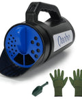 Three Setting Handheld Spreader For Lawn And Garden Fertilizer Grass Seed Salt And Ice Melt With A Two And A Half Liter Hopper And Easy Flow Control For Fine Medium And Wide Spreading Grab And Go Portable Yard And Snow Removal with gloves and scoop