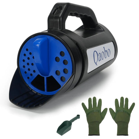 Three Setting Handheld Spreader For Lawn And Garden Fertilizer Grass Seed Salt And Ice Melt With A Two And A Half Liter Hopper And Easy Flow Control For Fine Medium And Wide Spreading Grab And Go Portable Yard And Snow Removal with gloves and scoop