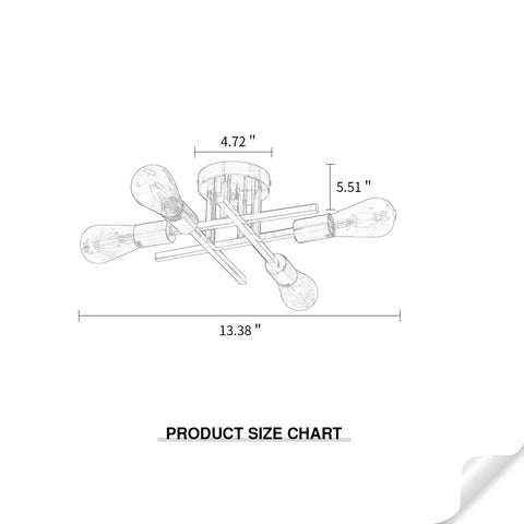 Product size chart for Modern Golden Metal Semi Flush Mount Ceiling Light Fixture Four Light Sputnik Style Chandelier