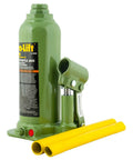 Beefy Welded Bottle Jack 4 Ton Capacity Hydraulic Lift With Side Pump And Two Piece Handle Lifts From 7.5 To 14.25 Inches For Cars And Home Garages Heavy Duty Shop Gear in green with yellow handle
