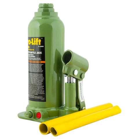 Beefy Welded Bottle Jack 4 Ton Capacity Hydraulic Lift With Side Pump And Two Piece Handle Lifts From 7.5 To 14.25 Inches For Cars And Home Garages Heavy Duty Shop Gear in green with yellow handle