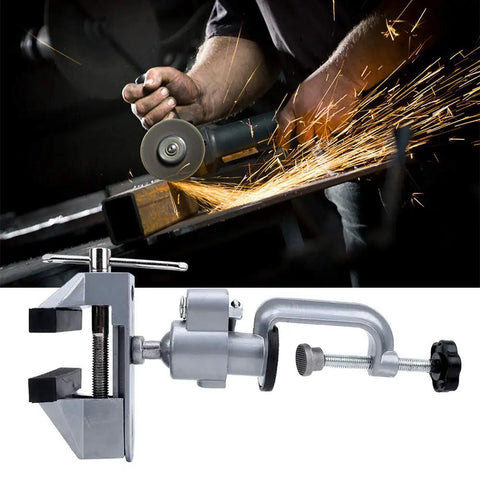 Beefy Aluminum Electric Drill Stand For Drill Press Use shown with grinder executing precision cutting and close-up of robust clamp