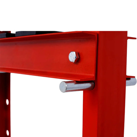 Top Shelf 20 Ton Hydraulic Shop Press With Rock Hard H Frame Floor Base Built For Ridiculous Auto Repair Grind showing detailed hardware.