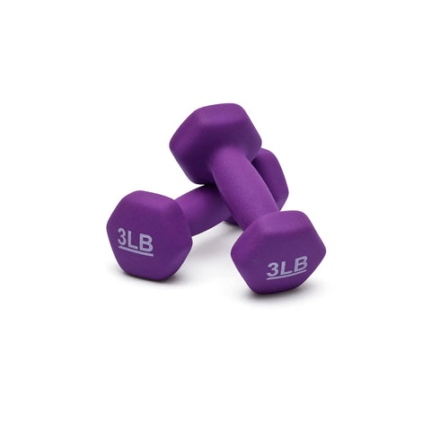 Hella Grippy Neoprene Hexagon Dumbbells Pair Of 3 Pound Hand Weights In Purple for exercise, showcasing hex shape and comfy grip.