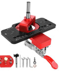 Tough As Nails 35mm Concealed Door Hinge Jig Drill Guide Template With Bulletproof Locking Clip, red aluminum alloy kit with drill bits.