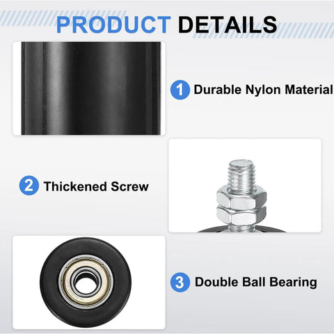 2 Pack Sliding Gate Guide Rollers With 1.7 Inch Nylon Wheels And Sealed Bearings, showing durable nylon, screw, and bearing features.