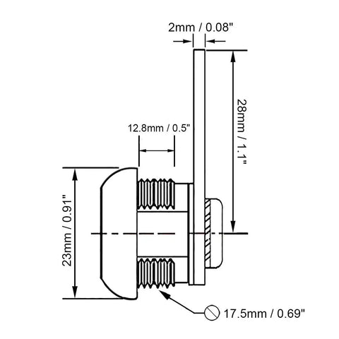 Technical diagram of Drawer Cam Lock for Cabinets and Drawers, 0.69 inch diameter, showing dimensions and installation profile.