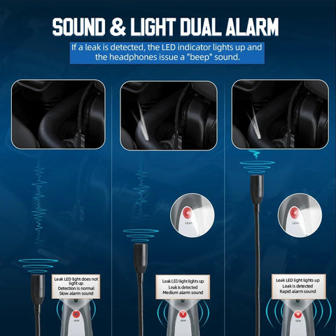 Ultrasonic leak detector with headphones, 420mm probe, adjustable sensitivity; LED and audio leak alerts.