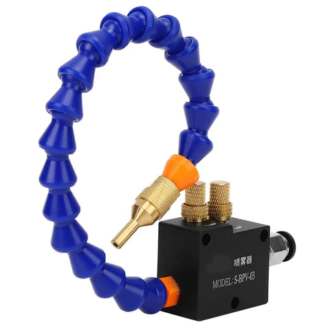 Game Changer Coolant Sprayer System For Cnc Machining with adjustable blue hose and brass nozzle for effective lubrication.