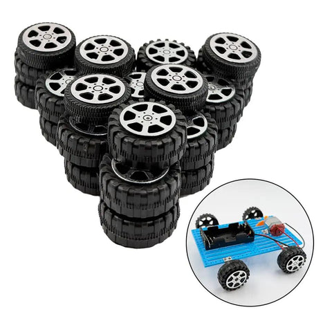 50Pcs RC Vehicle Wheel And Shaft Set Plastic Wheels 30mm And 32mm Dia With 2mm Axles And 100mm Shafts stacked on table