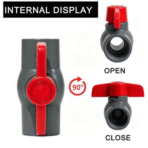 1/2 Inch SCH80 PVC Ball Valve 12 Pack Socket X Socket Shut Off for irrigation and pool plumbing, showing open and closed positions.