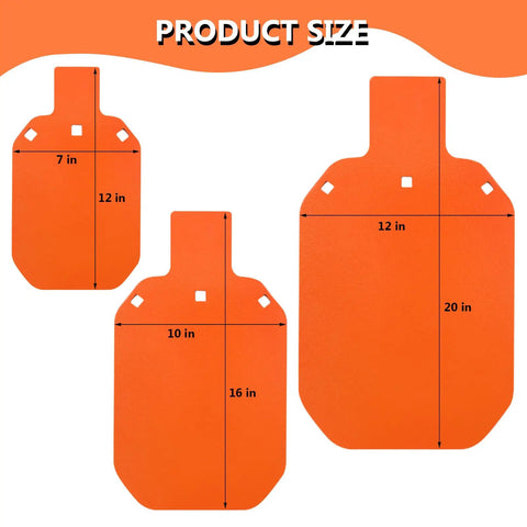 Three AR500 Steel Targets showing sizes, including the 7 By 12 Inch AR500 Steel Targets, Three Eighths Inch Thick Gong Silhouette, Neon Orange