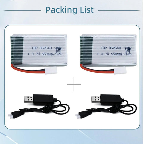 3.7V Drone Lipo Battery Pack 650mAh Rechargeable Two Pack For SYMA X5 Series Drones And WLtoys V252 With MX2.0 Connector And Included Chargers