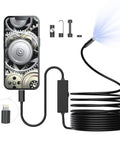 No Sweat Setup 1920P HD Endoscope Camera Flexible Borescope Inspection Wire with iPhone showing gear mechanics detail.