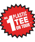 Badge stating 'No. 1 Plastic Tee On Tour' for Two And Three Quarter Inch Golf Tees Striped Citrus Orange 100 Pack With Four Prong Cup Design