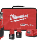 Milwaukee M12 Fuel cordless 1/4 inch impact driver kit with two batteries and charger in red case, featuring tools for tight spaces.