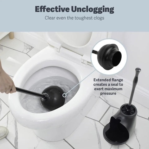 Heavy Duty Toilet Plunger And Cleaning Brush Set With Ergonomic Handles in action next to toilet with discreet storage caddy.