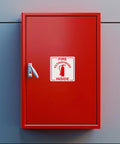 Red fire cabinet with 200 Pcs Self Adhesive 3 Inch Waterproof Vinyl Fire Extinguisher Inside Stickers For Fire Cabinets Trucks Warehouses Offices Equipment Durable Decals For Industrial Use.