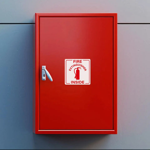 Red fire cabinet with 200 Pcs Self Adhesive 3 Inch Waterproof Vinyl Fire Extinguisher Inside Stickers For Fire Cabinets Trucks Warehouses Offices Equipment Durable Decals For Industrial Use.