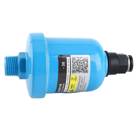 Side view of blue auto drainer valve, G1/2 Aluminum Auto Drainer Valve for Pneumatic Systems and Piping Components.